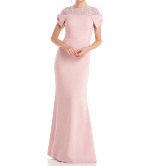 NEW JS COLLECTIONS Annalise Bow‎ LACE MAXI DRESS Gown Pink Women 12 - Picture 1 of 16